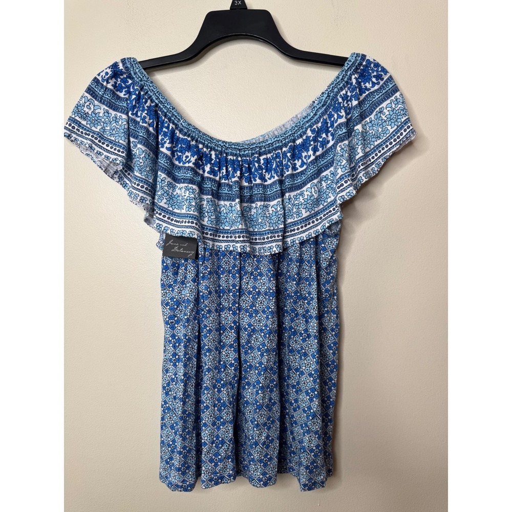 Jane‎ and Delancey Blue White Floral Tile Print Off Shoulder Ruffle Top